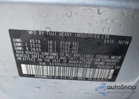 2017 Subaru Legacy 2.5I from USA, damaged, VIN 4S3BNAB69H3032389